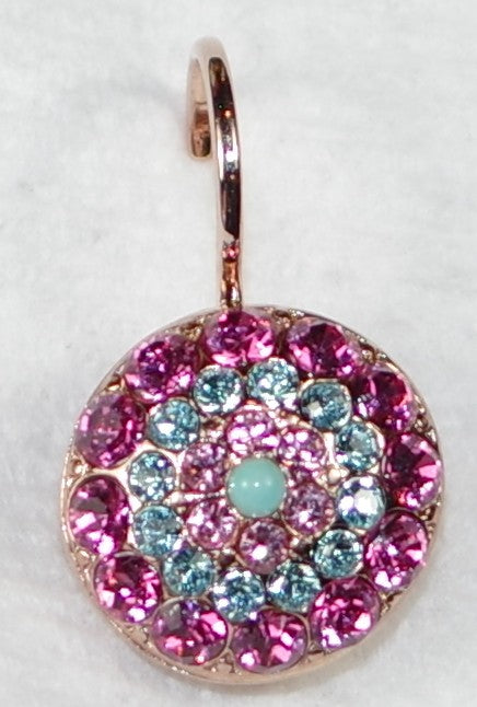 MARIANA EARRINGS CORAL COVE: blue, coral, pink, turquoise stones in 5/8" rose gold setting, lever backs