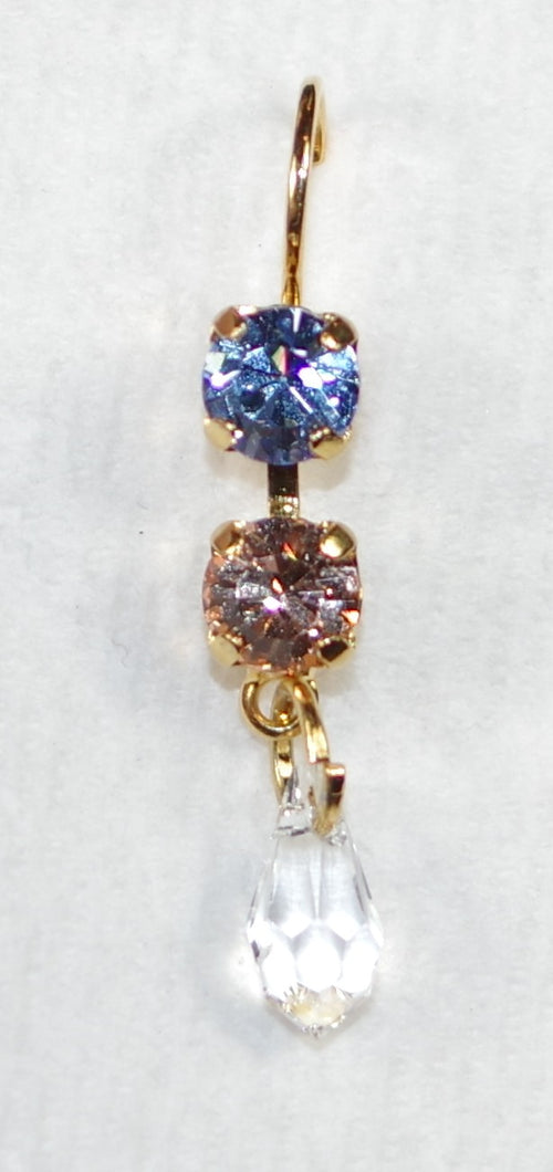 MARIANA EARRINGS SAND BAR: blue, amber, clear stones in 1" yellow gold setting, lever back