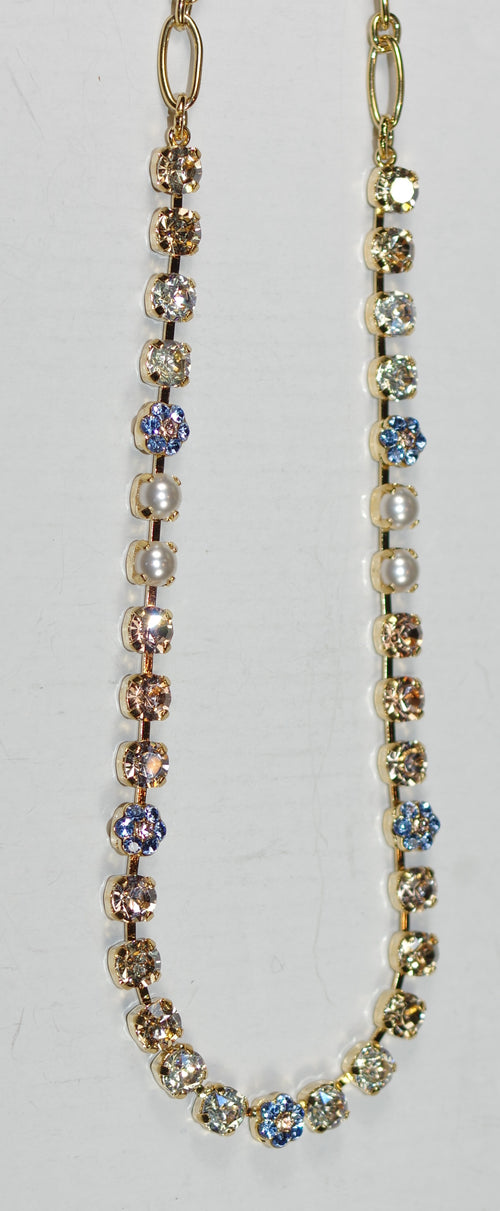 MARIANA NECKLACE SAND BAR: pearl, blue, amber, silk 1/4" stones in yellow gold setting, 18" adjustable chain