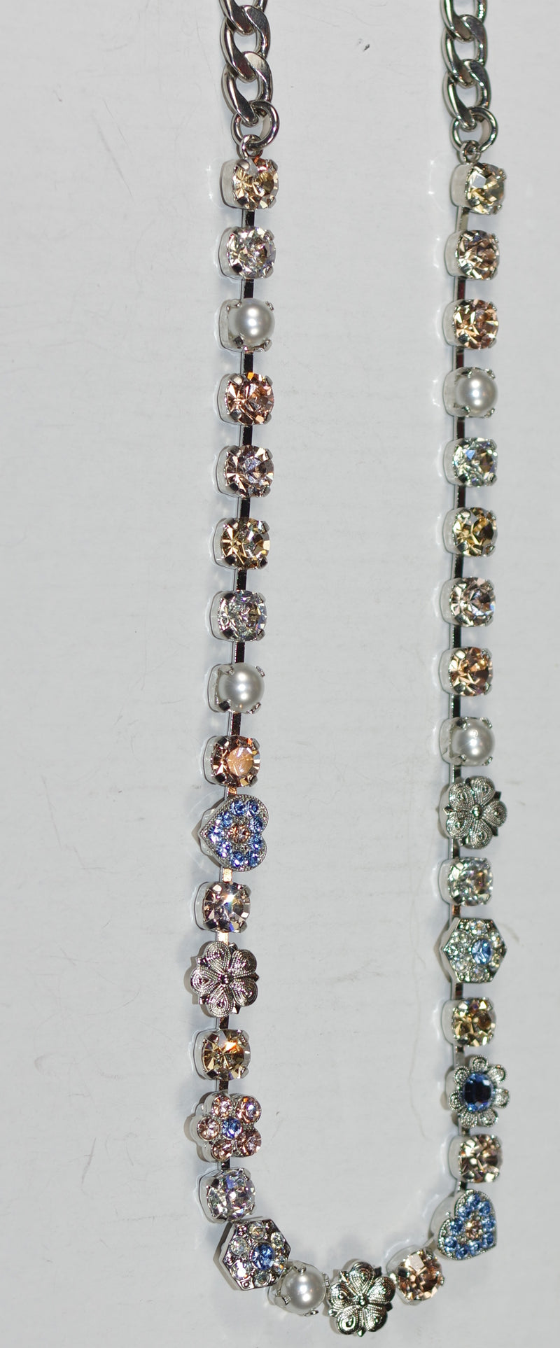 MARIANA NECKLACE SAND BAR: blue, amber, pearl, silk 1/4" stones in silver rhodium setting, 18" adjustable chain