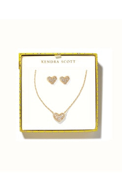 KENDRA SCOTT NECKLACE ARI PAVE HEART PENDANT & STUD BOXED GIFT SET GOLD WHITE CZ