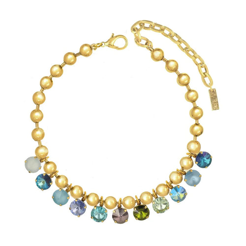 TOVA NECKLACE ANYA LIGHT BLUE: multi color Swarovski crystals in antique gold plated setting, 14" with 3" extension