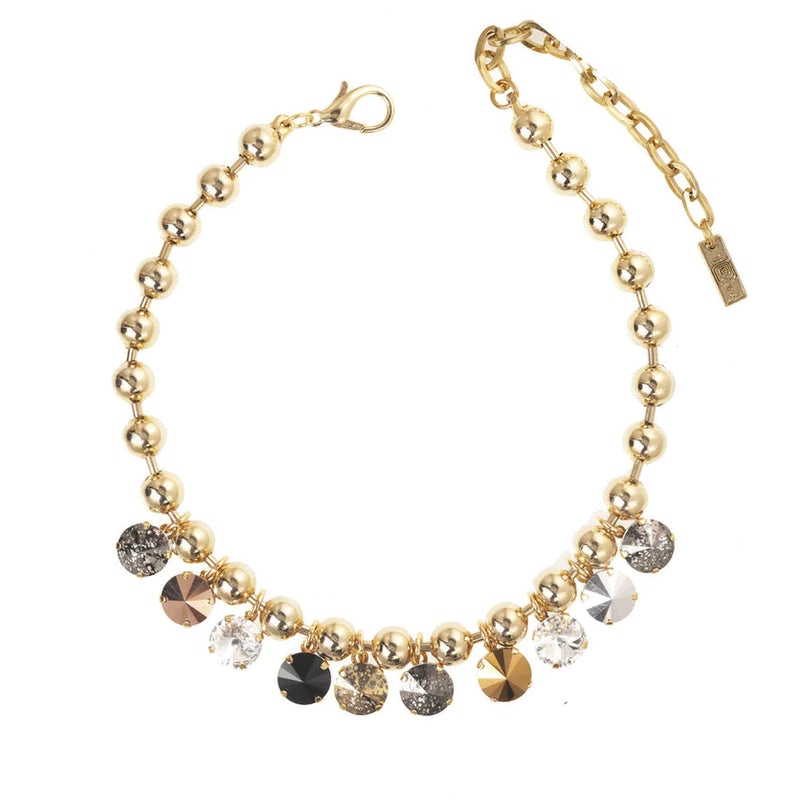 TOVA NECKLACE ANYA METALLIC MIX: multi color Swarovski crystals in antique gold plated setting, 14" with 3" extension