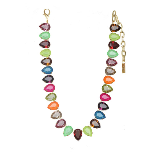 TOVA NECKLACE AVANI: multi color pear shaped Swarovski crystals in antique gold plated setting, 16", with 2" extension