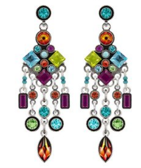 FIREFLY EARRINGS ARCHITECTURAL MC: multi color stones in 2" silver setting, post backs