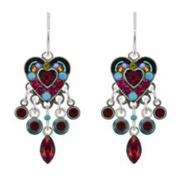 FIREFLY EARRINGS HEARTS MC: multi color stones in 1" silver setting, wire backs