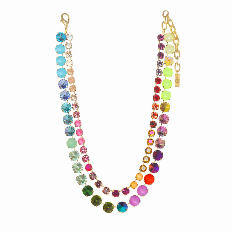 TOVA NECKLACE GWENETH RAINBOW OMBRE: multi color 2 rows Swarovski crystals in antique gold plated setting,  adjustable 16-18" with 3" extension