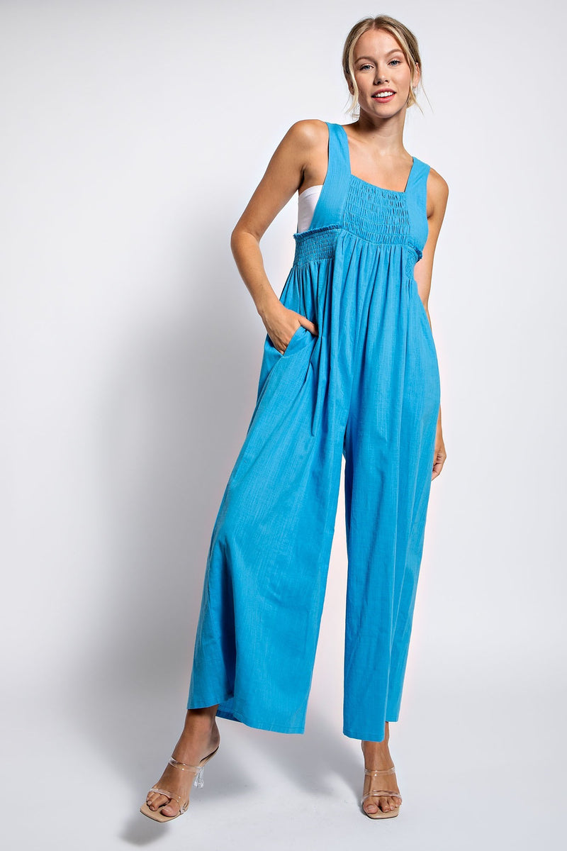 SMOCKED XTURED SOLID JUMPSUIT BLUE, NO ZIPPER