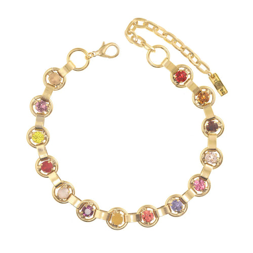 TOVA NECKLACE LINK RED MIX: multi color Swarovski crystals, in antique gold plated setting, 13.5" length with adjustable extension