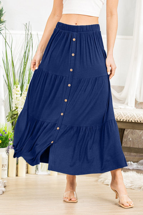 BUTTON UP LONG NAVY TIERED SKIRT, ELASTIC WAIST, POCKETS