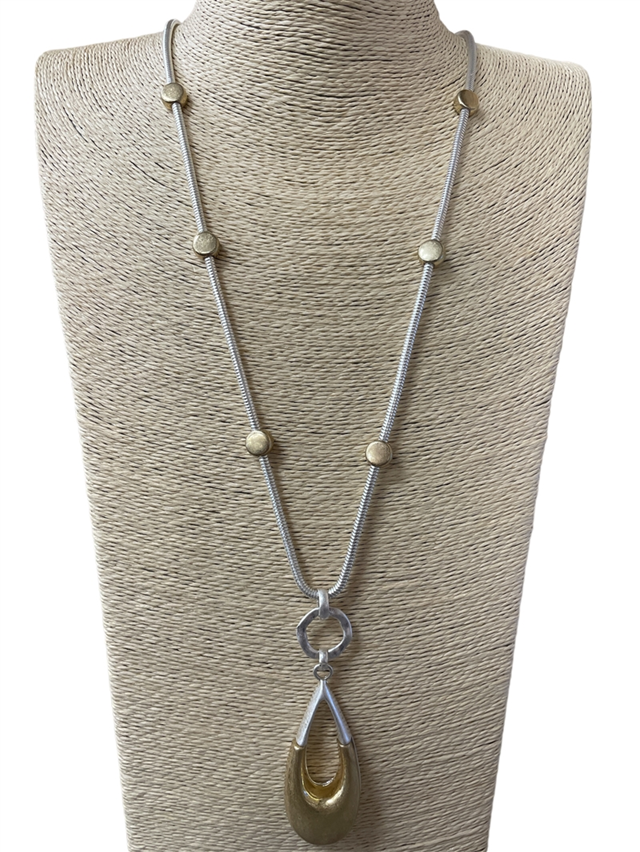 TWO TONE GOLD/SILVER TEARDROP LONG NECKLACE, ADJUSTABLE CHAIN