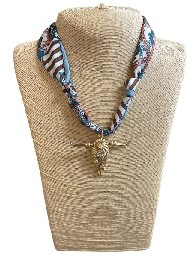 COW SKULL BLUE SCARF NECKLACE