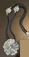 SILVER CRYSTAL FLOWER BLACK CORD NECK, ADJUSTABLE LONG CHAIN