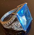 STERLING SILVER MARCASITE LARGE BLUE EMERALD SHAPE RING