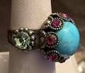 MARIANA RING CUBA XOXO: blue, fuschia, green stones in 3/4" silver setting, adjustable size band