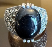 STERLING SILVER MARCASITE BLACK OVAL RING