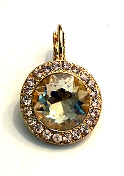 MARIANA EARRINGS AMARETTO: golden shadow, peach stones in 3/4" yellow gold setting, lever back