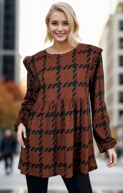 COCO BUTTERFLY HOUNDSTOOTH TOP - BROWN/BLACK
