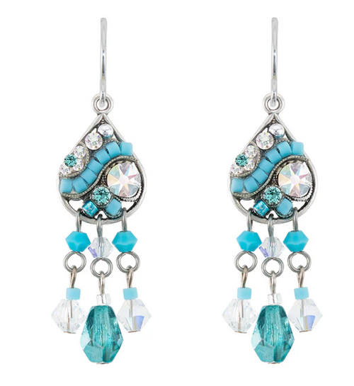 FIREFLY EARRINGS MOSAIC ICE: blue, clear color stones in 1.25" silver setting, wire back