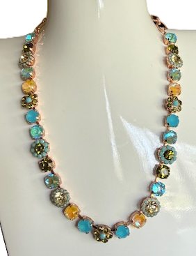 MARIANA NECKLACE PISTACHIO: blue, green, yellow stones in rose gold setting, 17" adjustable chain