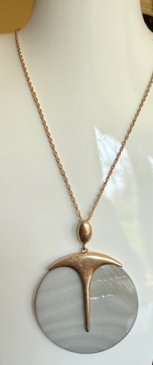 STONE DISK NECKLACE GRAY, LONG ADJUSTABLE GOLD CHAIN