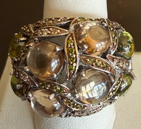 STERLING SILVER CZ LARGE GREEN/AMBER RING
