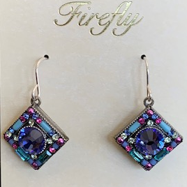 FIREFLY EARRINGS CONTESSA GEOMETRIC DIAMOND SAP: multi color stones in 1/2" silver setting, french wire backs