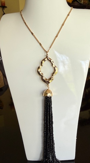 BLACK BEAD TASSLE LONG GOLD NECKLACE, LONG ADJUSTABLE CHAIN