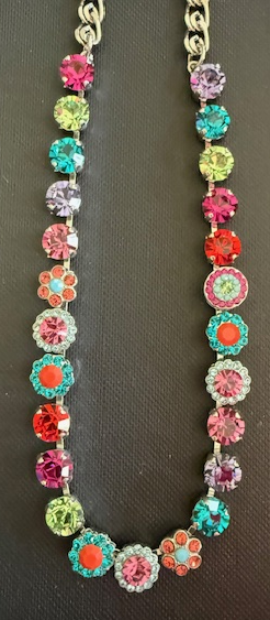 MARIANA NECKLACE RAINBOW SHERBERT: pink, orange, blue, green, teal, purple 1/2" stones, 20" adjustable silver rhodium chain