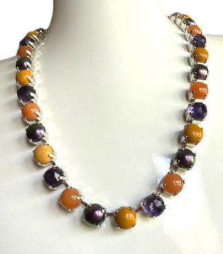 MARIANA NECKLACE BETTE SUNRISE: purple, orange, amber pearl mineral 1/4" stones in silver rodium setting, 17" adjustable chain