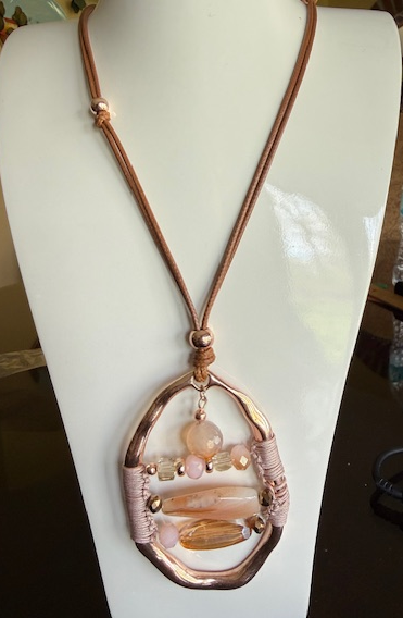 NATURAL STONE BARS NECKLACE ON ROSEGOLD WITH ADJUSTABLE LONG FABRIC CHAIN