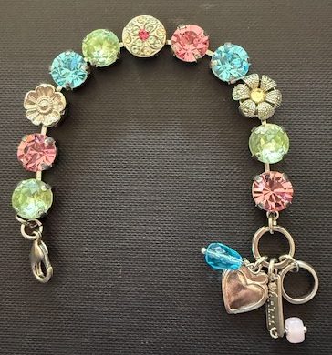 MARIANA BRACELET SPRING FLOWERS: pink, green, blue 1/2" stones in silver rhodium setting