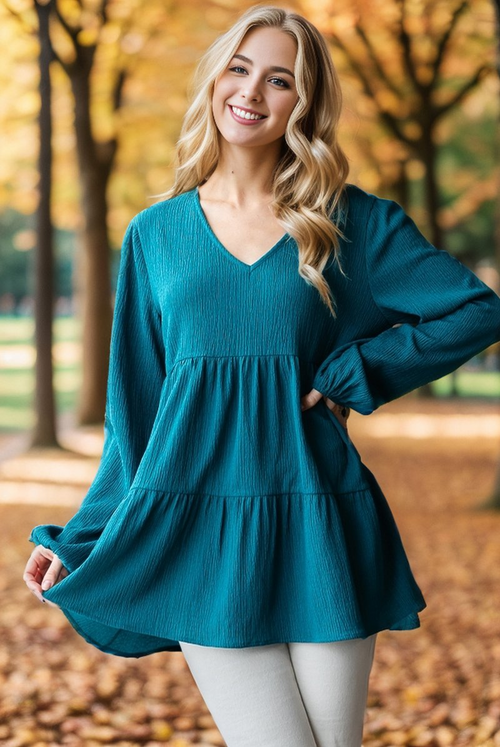 TEAL LONG SLEEVE TIERED TOP