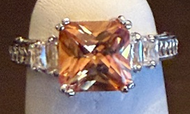 STERLING SILVER CZ AND AMBER STONE RING