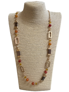 BROWN NATURAL STONE & CRYSTAL NECKLACE, BRUSHED MATTE GOLDTONE SETTING, ADJUSTABLE CHAIN