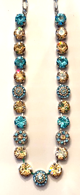 MARIANA NECKLACE FIRST TOAST: blue, amber stones in silver rhodium setting, 18" adjustable chain