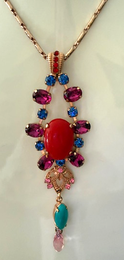 MARIANA PRETTY WOMAN NECKLACE multi color stones in 3.5" pendant 28" rosegold adjustable chain