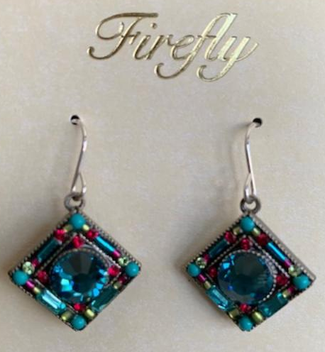 FIREFLY EARRINGS CONTESSA GEOMETRIC DIAMOND INDI: indicolite stones in " silver setting, french wire backs