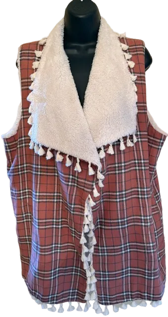 LONG PLAID COTTON FUR VEST WITH TASSEL TRIM