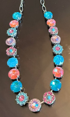 MARIANA NECKLACE CORAL COVE: coral, teal ice, pink, fuschia, turquoise 10 mm stones in silver rhodium setting, 18" adjustable chain