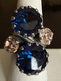 MARIANA RING OCEAN: amber, blue stones in 1.25" silver setting, adjustable size band