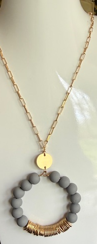 GREY CLAY BALL/METAL NECKLACE, LONG GOLD ADJUSTABLE CHAIN