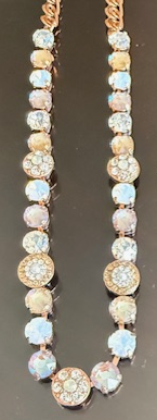 MARIANA BUTTER PECAN: pearl, white opal, light amber, clear, pink sunkist 1/4" stones in rose gold setting, 17" adjustable chain