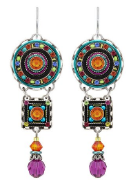 FIREFLY EARRINGS LA DOLCE VITA TIERED TANG: multi color stones in 1.75" silver setting, wire backs