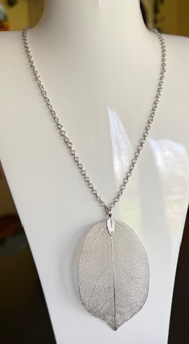 REAL LEAF NECKLACE SILVER, LONG ADJUSTABLE CHAIN