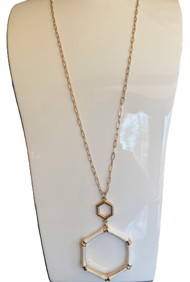 HEXAGON WHITE / GOLD LONG  2" PENDANT, ADJUSTABLE CHAIN