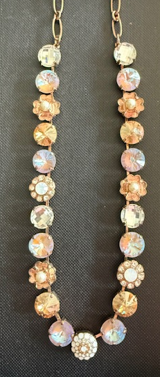 MARIANA NECKLACE BUTTER PECAN: clear, amber, pearl, blue stones in rose gold setting, 18" adjustable chain