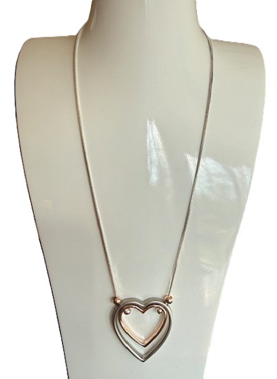 SILVER & GOLD HEART NECKLACE, ADJUSTABLE SILVER CHAIN, HEART = 1.5" LONG
