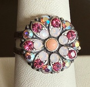 MARIANA RING: pink, a/b stones in 5/8" silver setting, adjustable size band