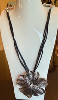 SILVER CRYSTAL FLOWER BLACK CORD NECK, ADJUSTABLE LONG CHAIN